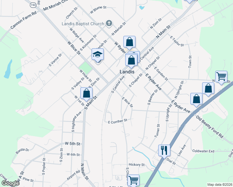 map of restaurants, bars, coffee shops, grocery stores, and more near 315 South Main Street in Landis