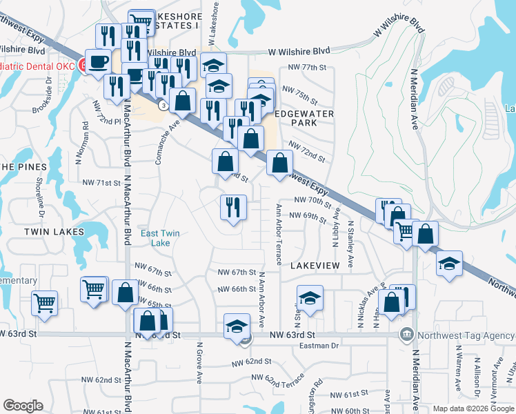 map of restaurants, bars, coffee shops, grocery stores, and more near 5550 Northwest 72nd Street in Warr Acres
