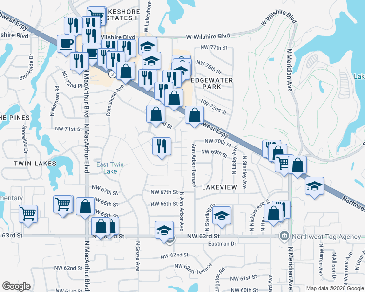 map of restaurants, bars, coffee shops, grocery stores, and more near 5550 Northwest 72nd Street in Warr Acres