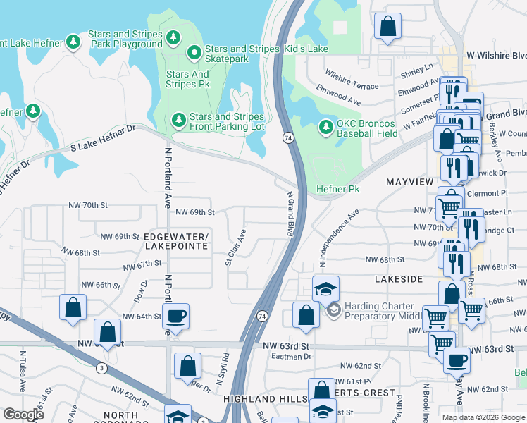 map of restaurants, bars, coffee shops, grocery stores, and more near 3421 Northwest 69th Street in Oklahoma City