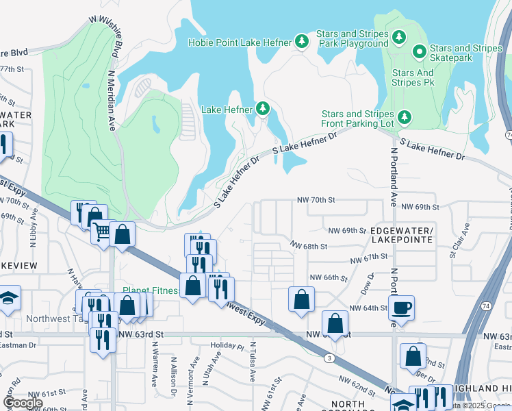 map of restaurants, bars, coffee shops, grocery stores, and more near 4009 Northwest 70th Street in Oklahoma City