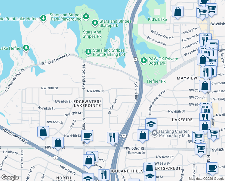 map of restaurants, bars, coffee shops, grocery stores, and more near 3504 Northwest 69th Street in Oklahoma City