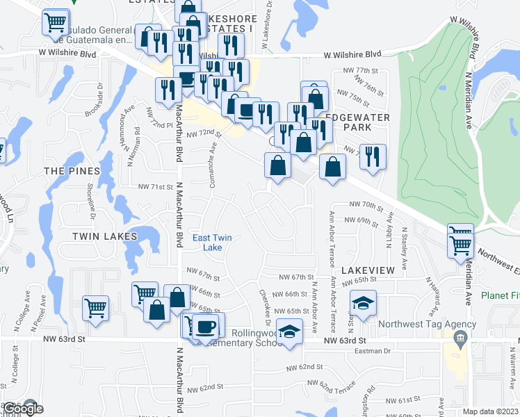 map of restaurants, bars, coffee shops, grocery stores, and more near 5520 Cheyenne Road in Warr Acres
