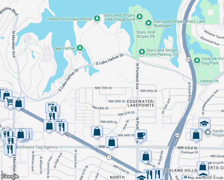 map of restaurants, bars, coffee shops, grocery stores, and more near 3805 Northwest 70th Street in Oklahoma City