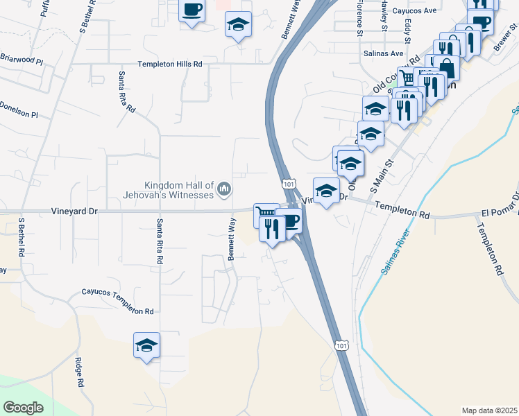 map of restaurants, bars, coffee shops, grocery stores, and more near 2 Rossi Road in Templeton