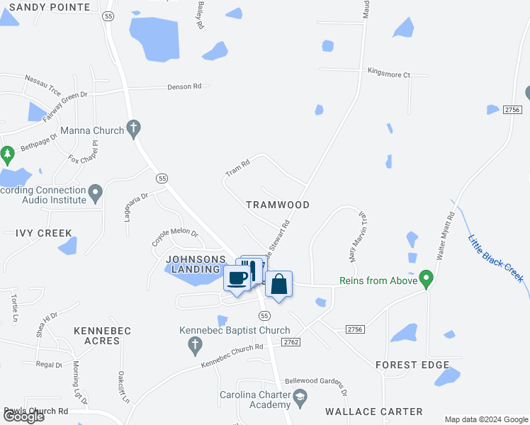 map of restaurants, bars, coffee shops, grocery stores, and more near 2908 Tram Road in Fuquay Varina
