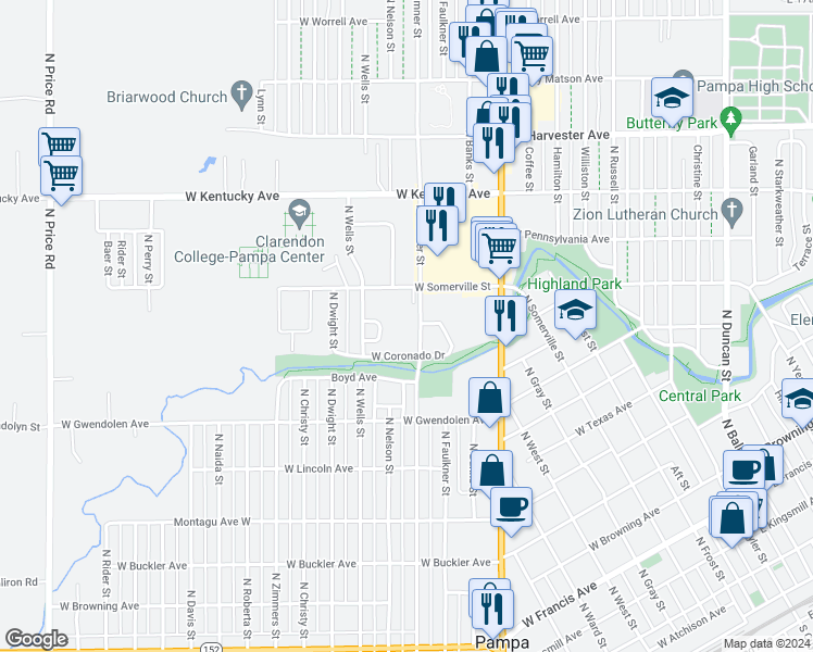 map of restaurants, bars, coffee shops, grocery stores, and more near 1031 North Sumner Street in Pampa