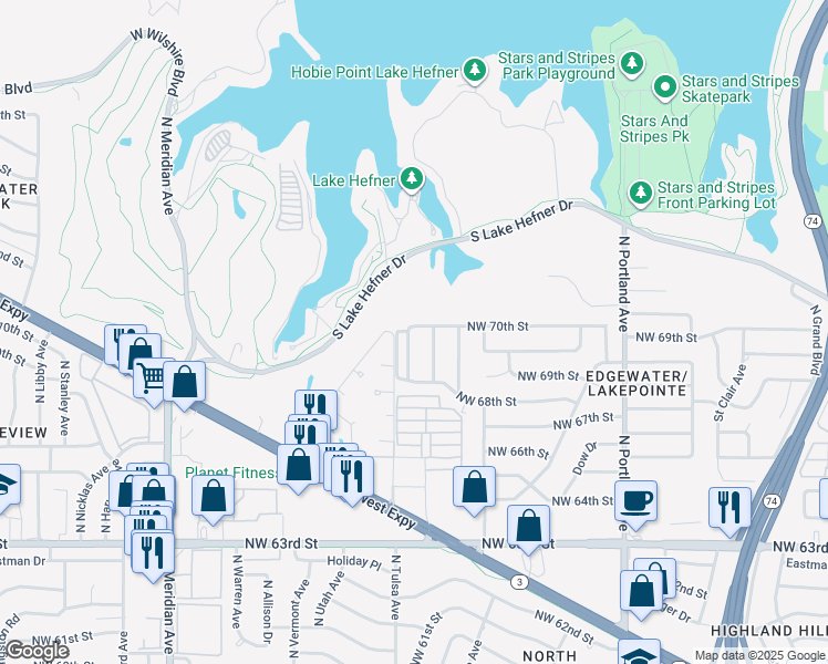 map of restaurants, bars, coffee shops, grocery stores, and more near 4009 Northwest 70th Street in Oklahoma City