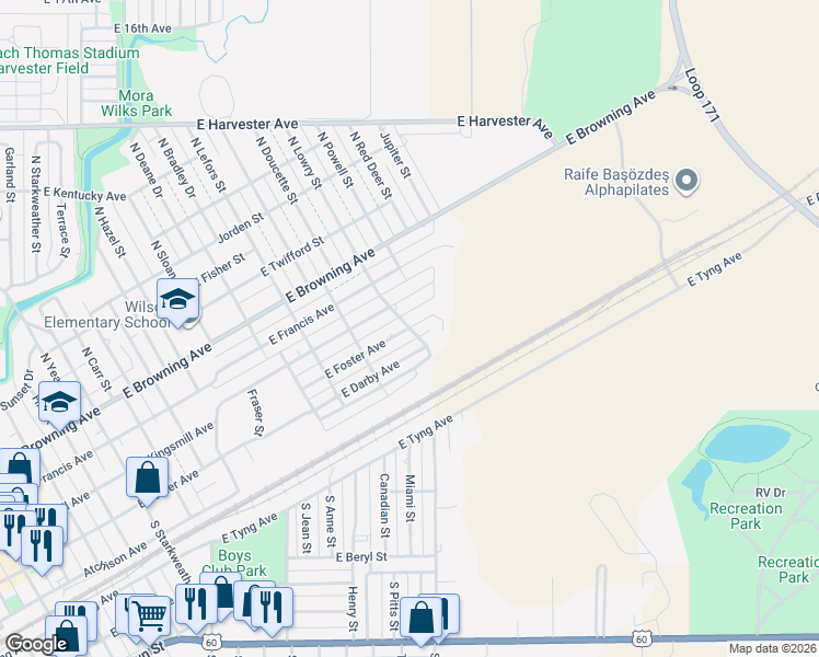 map of restaurants, bars, coffee shops, grocery stores, and more near 101 North Lowry Street in Pampa