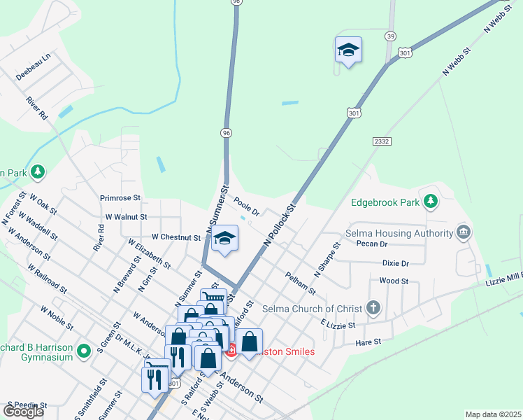 map of restaurants, bars, coffee shops, grocery stores, and more near 302 Poole Drive in Selma