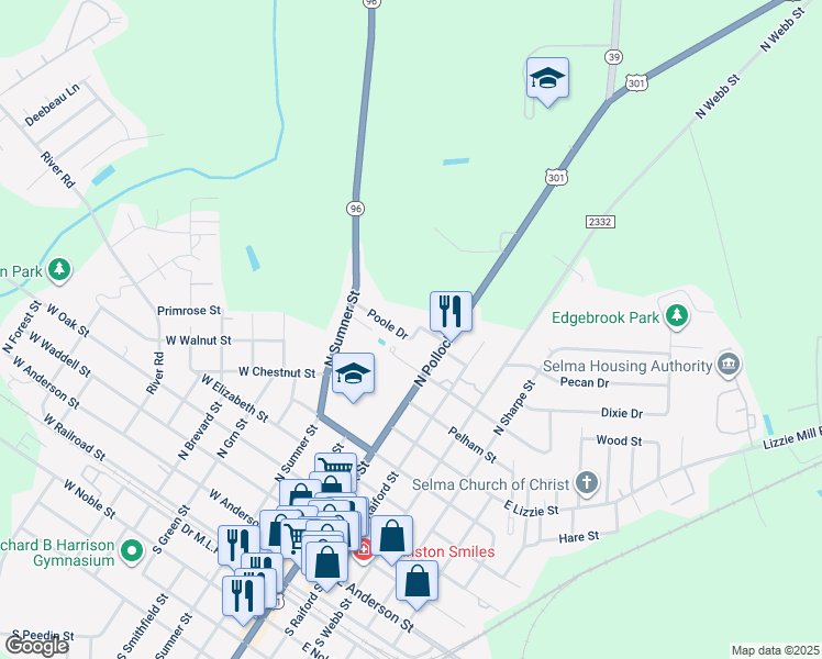 map of restaurants, bars, coffee shops, grocery stores, and more near 302 Poole Drive in Selma