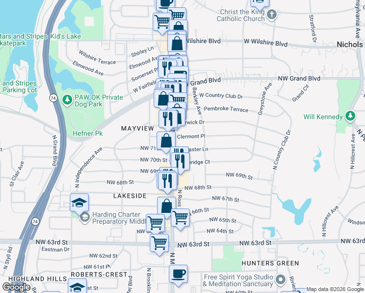 map of restaurants, bars, coffee shops, grocery stores, and more near 2833 Lancaster Lane in Oklahoma City