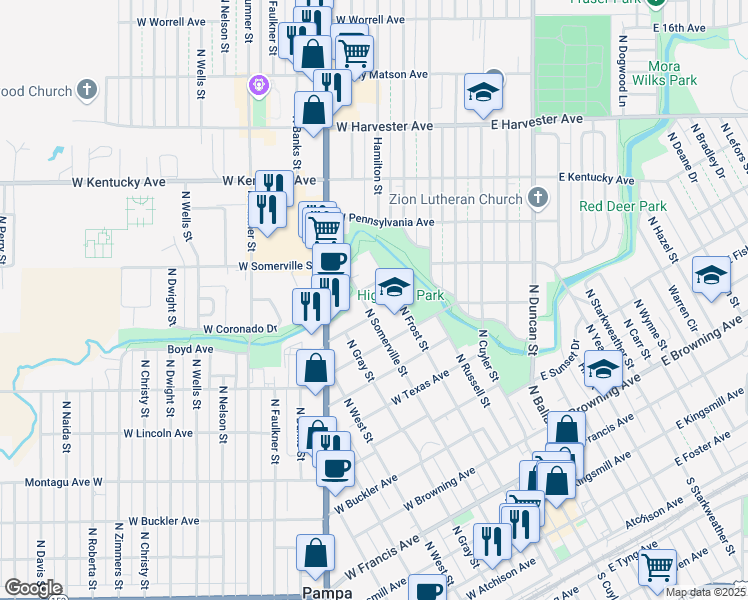 map of restaurants, bars, coffee shops, grocery stores, and more near 1001-1099 North Frost Street in Pampa