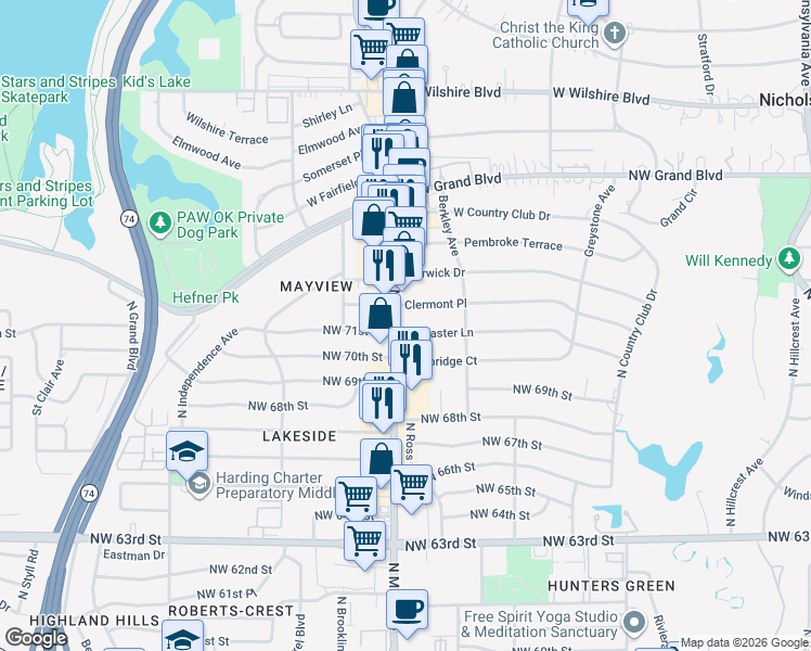 map of restaurants, bars, coffee shops, grocery stores, and more near 2828 Clermont Place in Oklahoma City