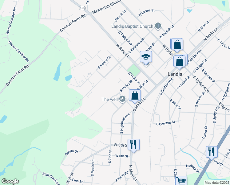 map of restaurants, bars, coffee shops, grocery stores, and more near 610 South Valley Street in Landis