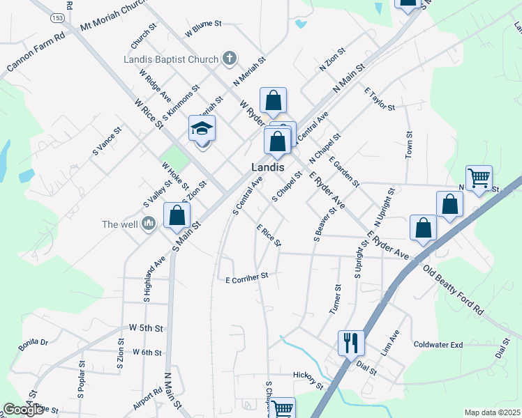 map of restaurants, bars, coffee shops, grocery stores, and more near 306 South Chapel Street in Landis