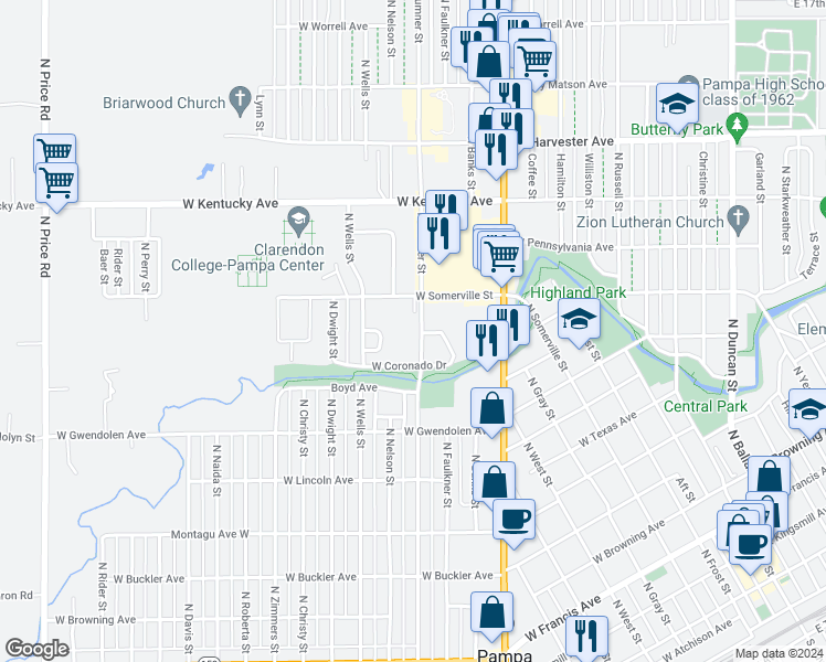 map of restaurants, bars, coffee shops, grocery stores, and more near 1031 North Sumner Street in Pampa