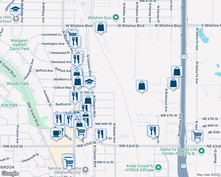map of restaurants, bars, coffee shops, grocery stores, and more near 809 Northwest 70th Street in Oklahoma City