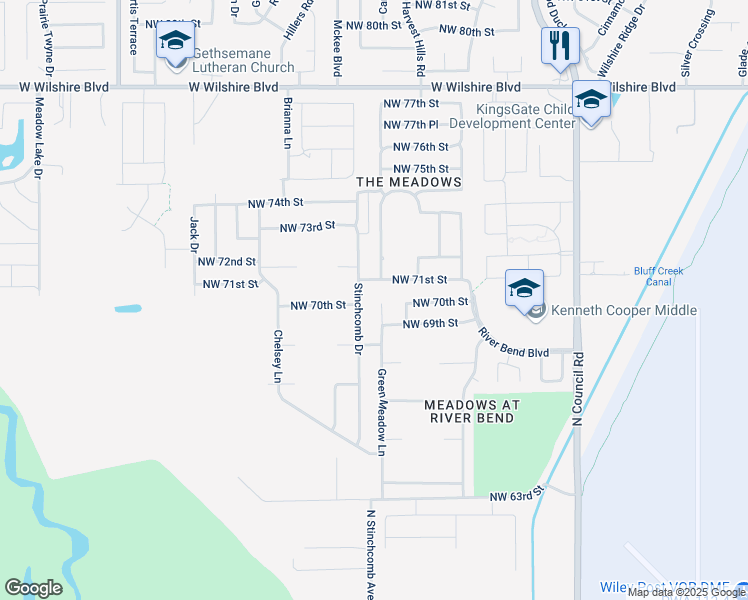 map of restaurants, bars, coffee shops, grocery stores, and more near 7108 Stinchcomb Drive in Oklahoma City