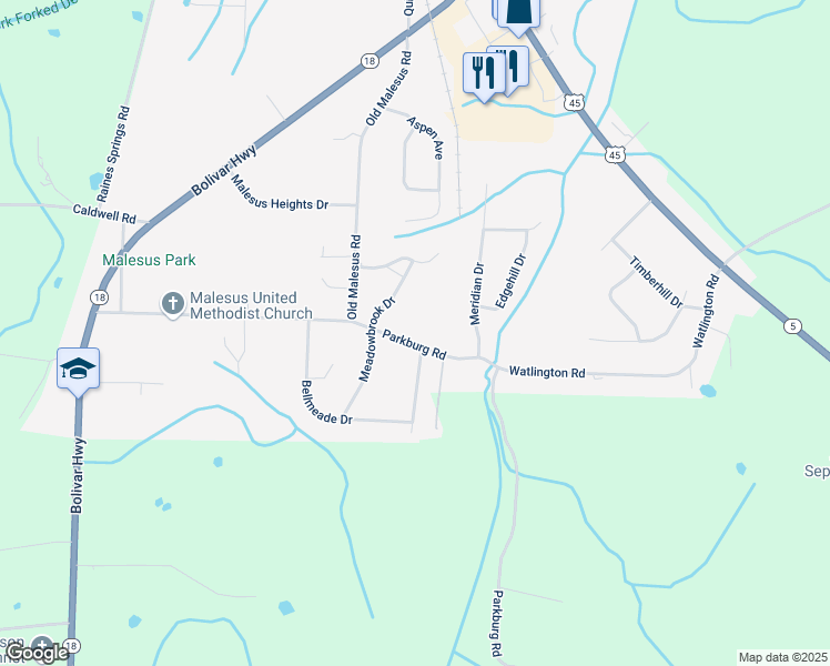 map of restaurants, bars, coffee shops, grocery stores, and more near 57 Parkburg Road in Jackson