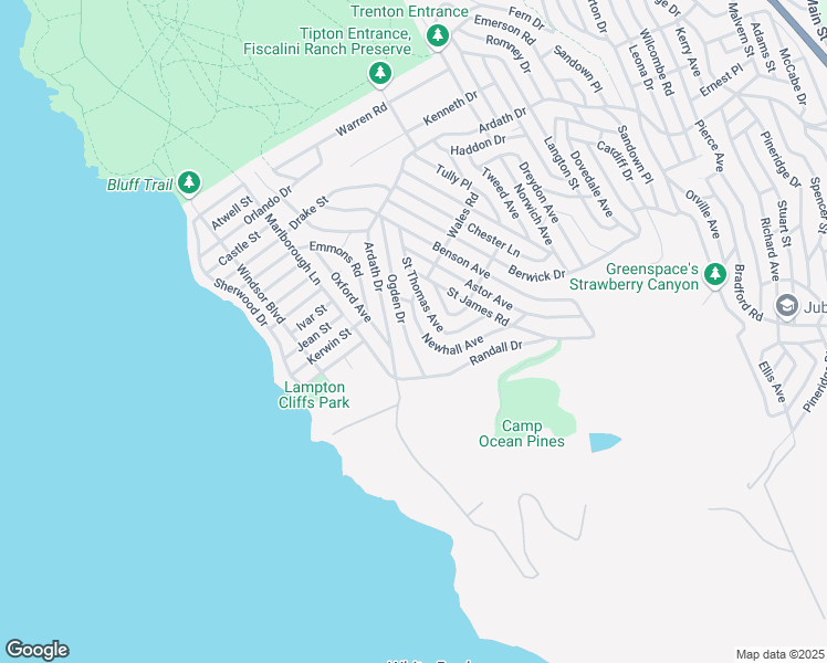 map of restaurants, bars, coffee shops, grocery stores, and more near Newhall Avenue in Cambria