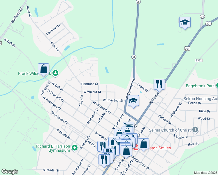 map of restaurants, bars, coffee shops, grocery stores, and more near 204 2nd Avenue in Selma
