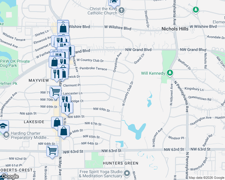 map of restaurants, bars, coffee shops, grocery stores, and more near 2600 Clermont Place in Oklahoma City