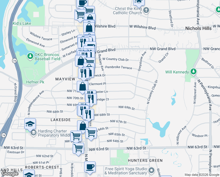 map of restaurants, bars, coffee shops, grocery stores, and more near 2740 Clermont Place in Oklahoma City