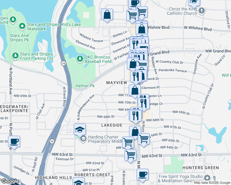 map of restaurants, bars, coffee shops, grocery stores, and more near 3100 Northwest 73rd Street in Oklahoma City