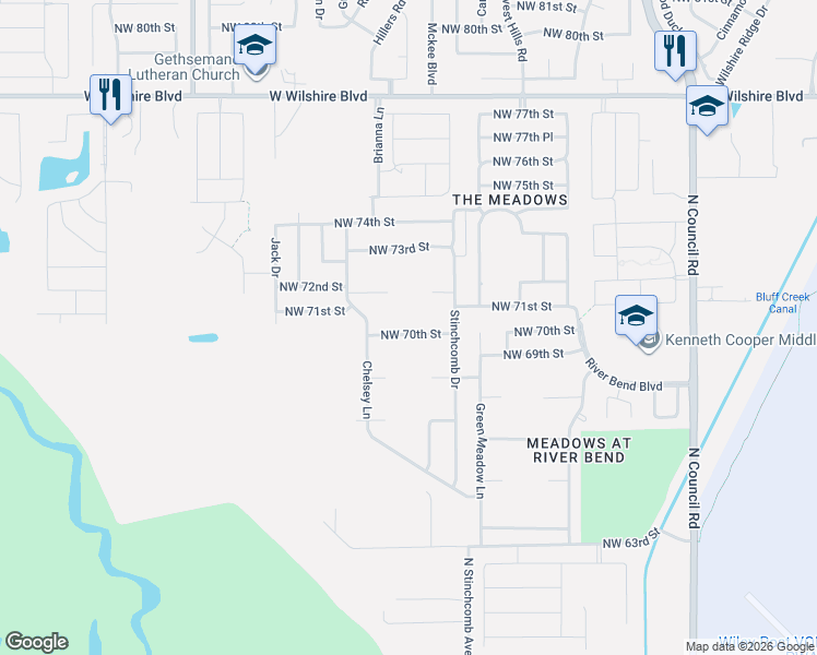 map of restaurants, bars, coffee shops, grocery stores, and more near 8517 Northwest 70th Street in Oklahoma City