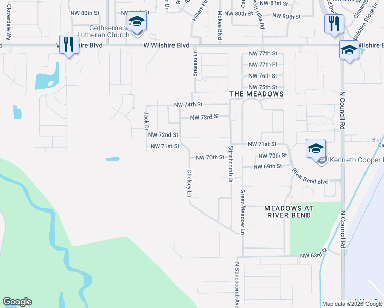 map of restaurants, bars, coffee shops, grocery stores, and more near 8613 Northwest 70th Street in Oklahoma City