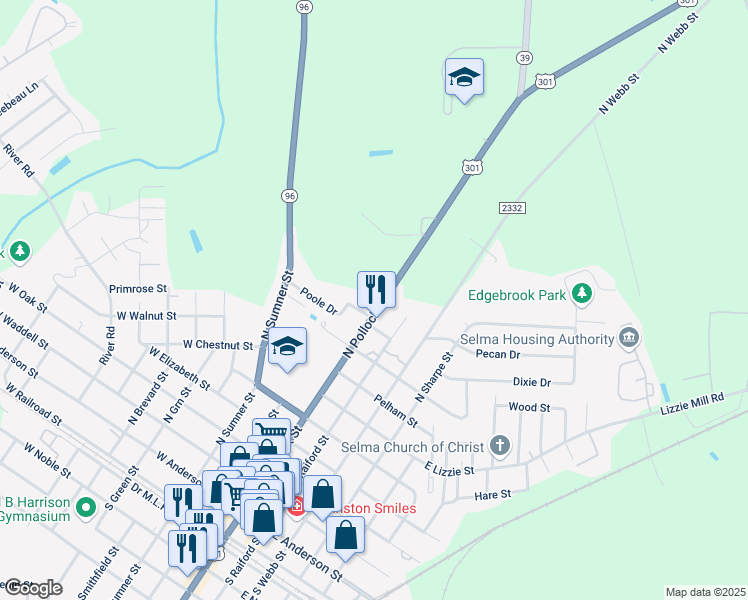 map of restaurants, bars, coffee shops, grocery stores, and more near 905 North Pollock Street in Selma
