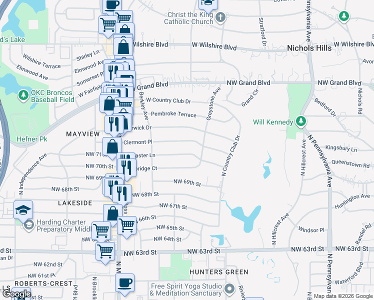 map of restaurants, bars, coffee shops, grocery stores, and more near 2708 Clermont Place in Oklahoma City