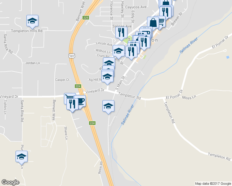 map of restaurants, bars, coffee shops, grocery stores, and more near 2 Templeton Road in Templeton
