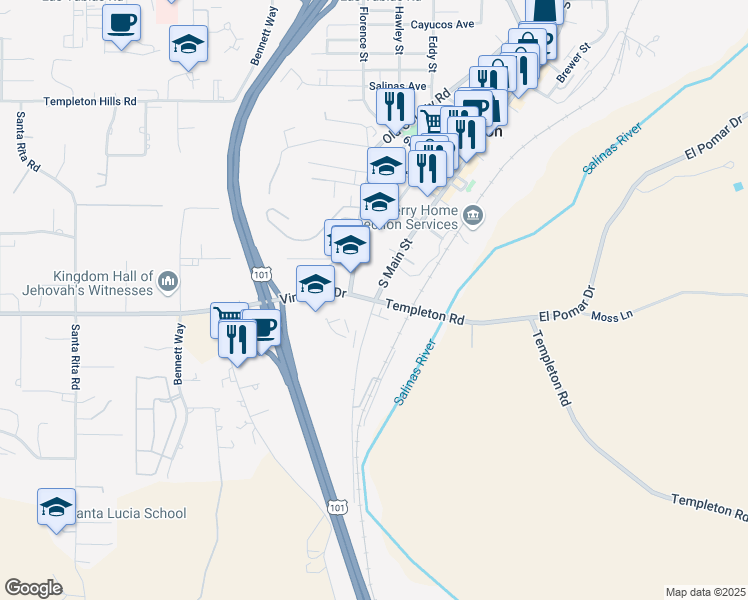 map of restaurants, bars, coffee shops, grocery stores, and more near 1 Vineyard Drive in Templeton