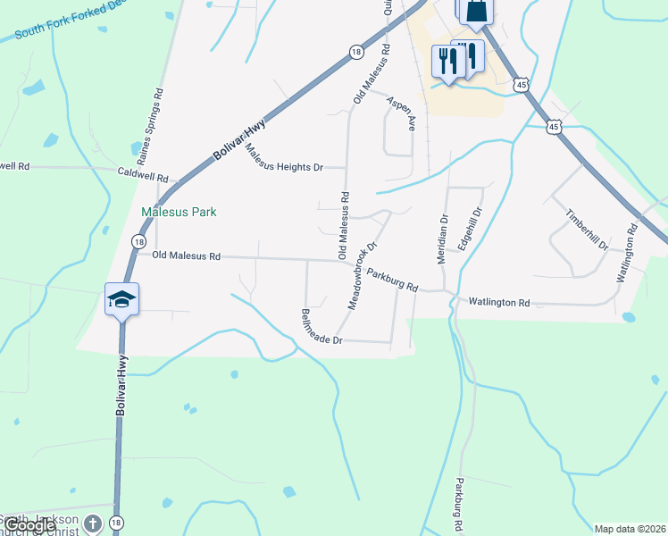 map of restaurants, bars, coffee shops, grocery stores, and more near 290 Old Malesus Road in Jackson