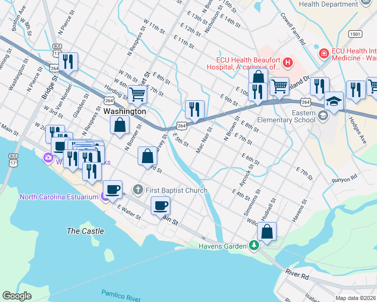 map of restaurants, bars, coffee shops, grocery stores, and more near 474 East 5th Street in Washington