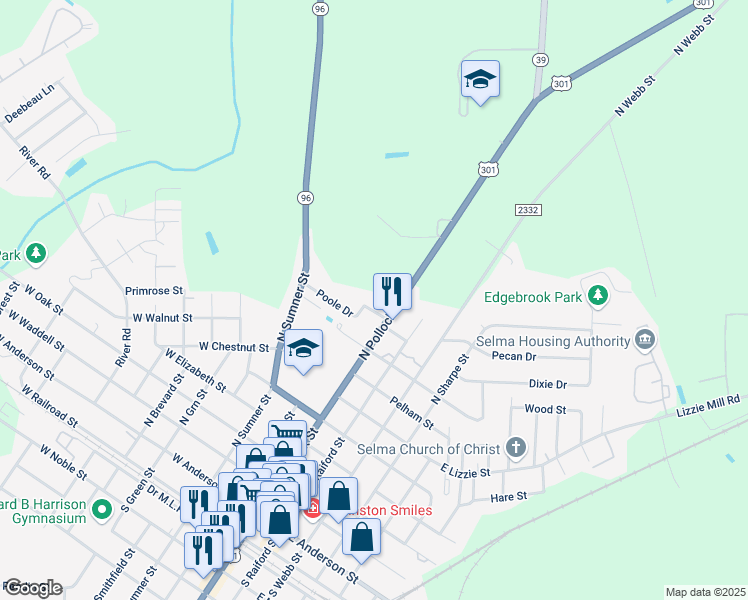 map of restaurants, bars, coffee shops, grocery stores, and more near 905 North Pollock Street in Selma