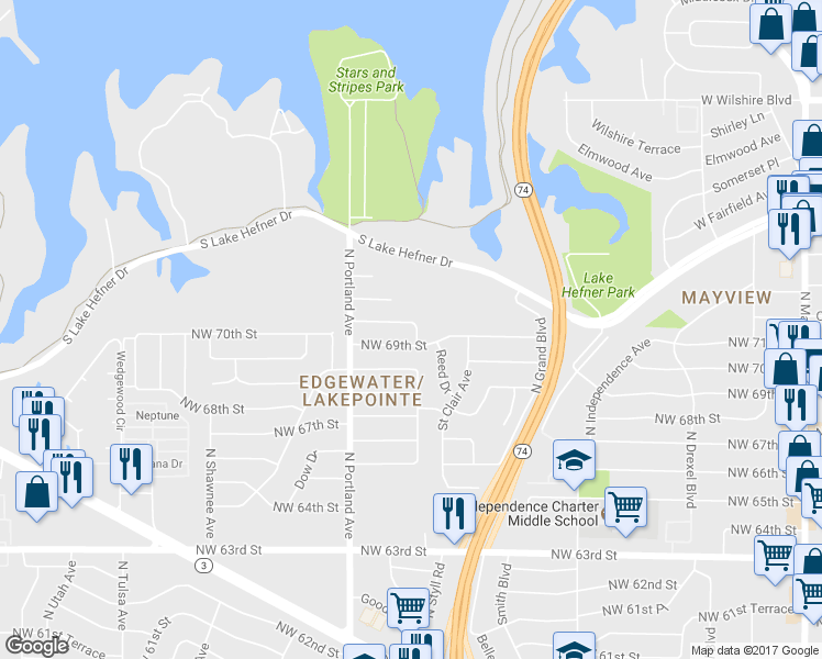 map of restaurants, bars, coffee shops, grocery stores, and more near 3600 Northwest 70th Street in Oklahoma City