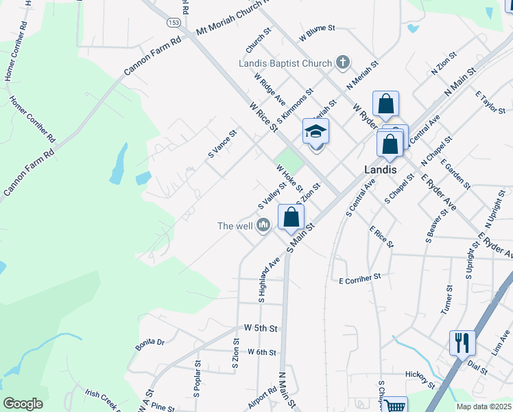 map of restaurants, bars, coffee shops, grocery stores, and more near 610 South Valley Street in Landis