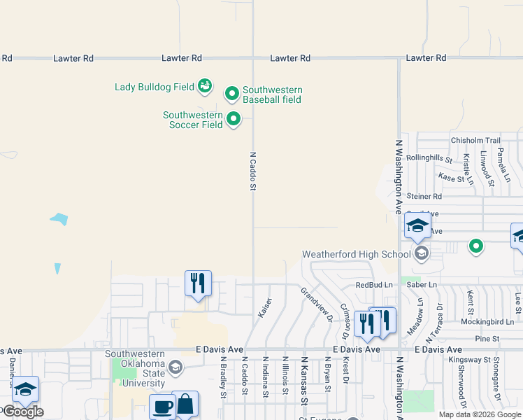 map of restaurants, bars, coffee shops, grocery stores, and more near 10156 North Caddo Street in Weatherford