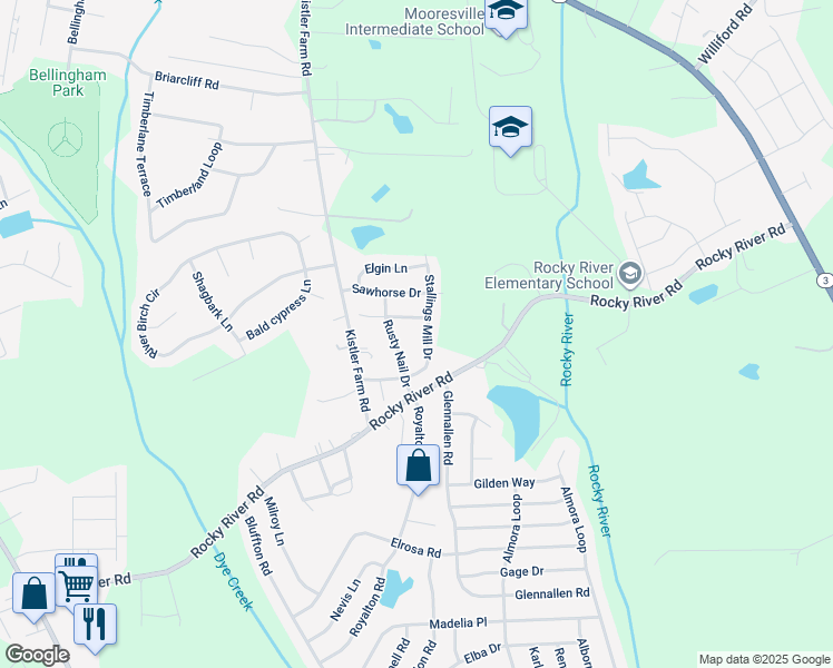 map of restaurants, bars, coffee shops, grocery stores, and more near 165 Stallings Mill Drive in Mooresville