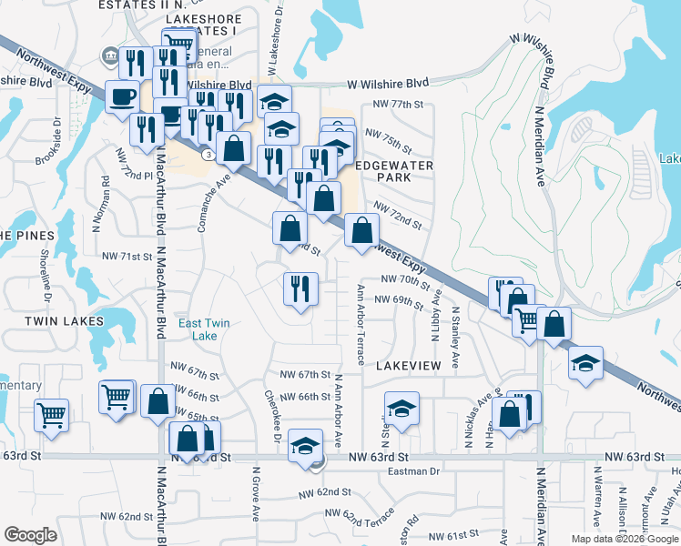 map of restaurants, bars, coffee shops, grocery stores, and more near 5550 Northwest 72nd Street in Warr Acres