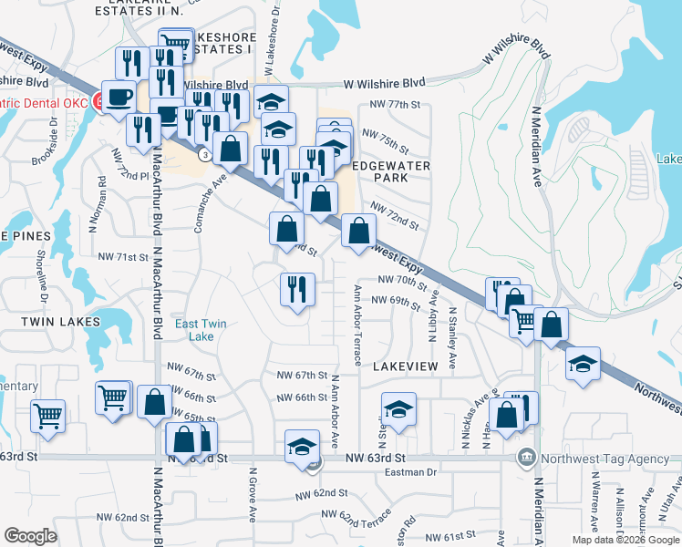 map of restaurants, bars, coffee shops, grocery stores, and more near 5550 Northwest 72nd Street in Warr Acres