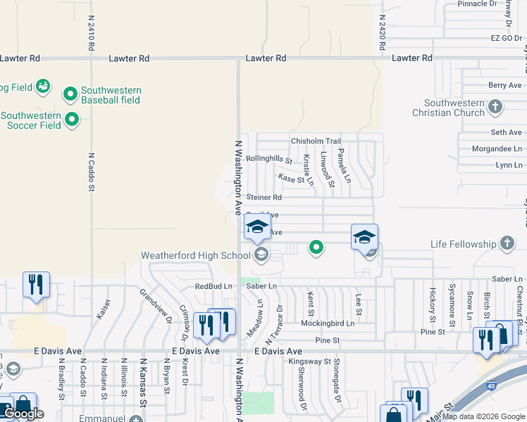 map of restaurants, bars, coffee shops, grocery stores, and more near 1313 Quail Avenue in Weatherford