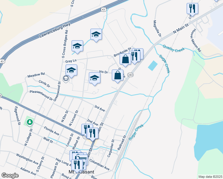 map of restaurants, bars, coffee shops, grocery stores, and more near 711 North Main Street in Mount Pleasant