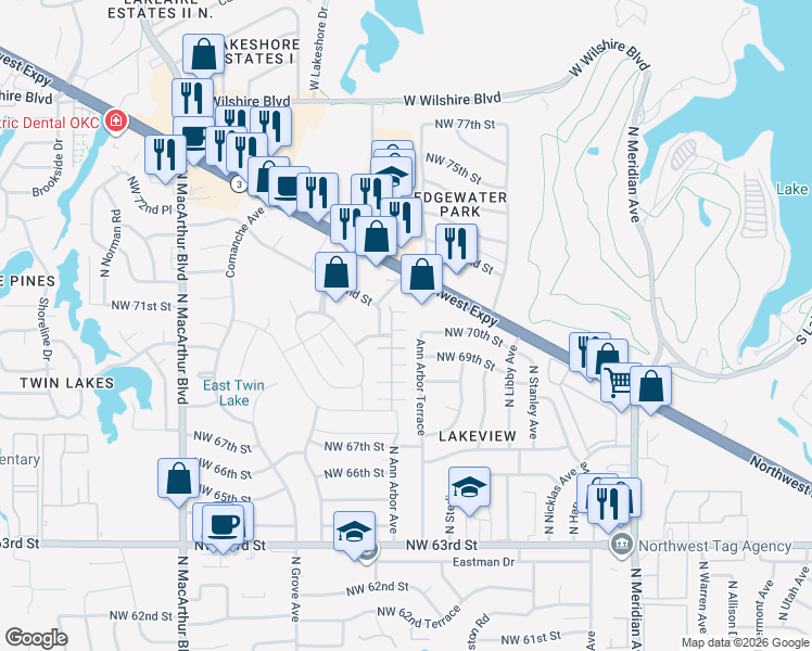 map of restaurants, bars, coffee shops, grocery stores, and more near 4825 Northwest 70th Street in Oklahoma City