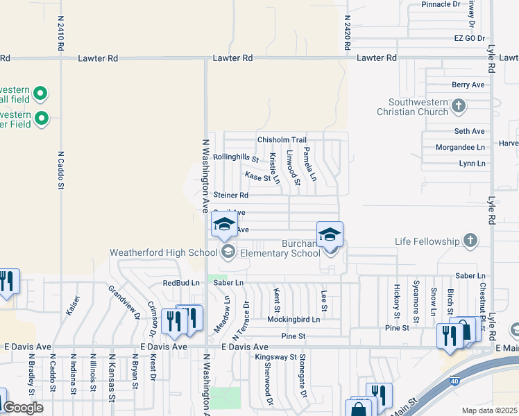 map of restaurants, bars, coffee shops, grocery stores, and more near 1409 Quail Avenue in Weatherford
