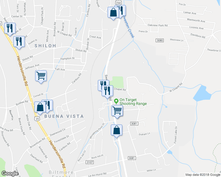map of restaurants, bars, coffee shops, grocery stores, and more near 3 West Chapel Road in Asheville
