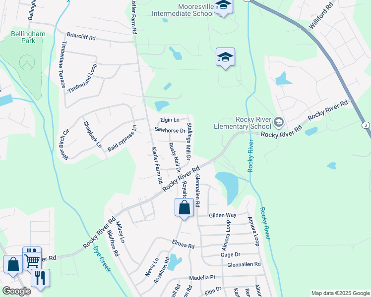 map of restaurants, bars, coffee shops, grocery stores, and more near 165 Stallings Mill Drive in Mooresville
